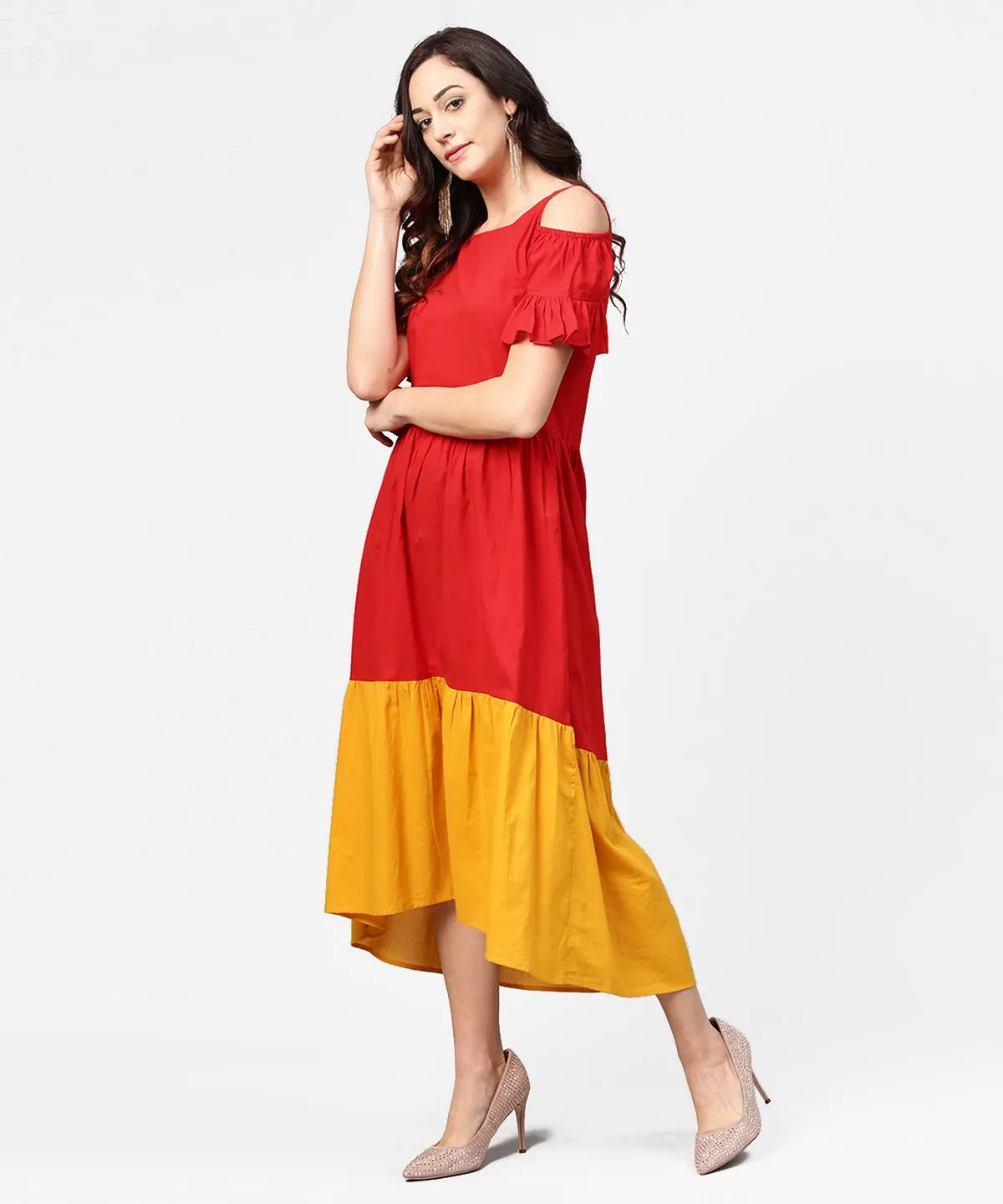 Red & Yellow Short Cold Shoulder Cotton Maxi Dress