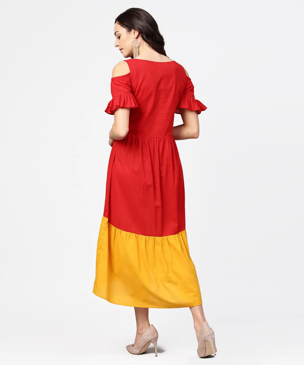 Red & Yellow Short Cold Shoulder Cotton Maxi Dress