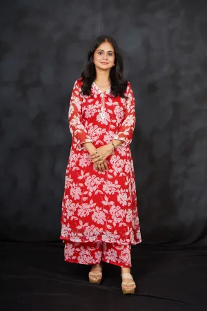 Red Floral Printed Chiffon Silk Palazzo Set