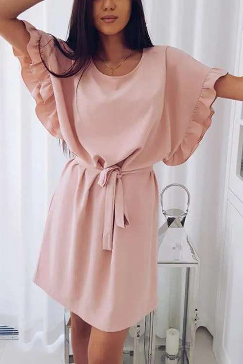 Ruffles Bat Sleeve Bleted Mini Dress