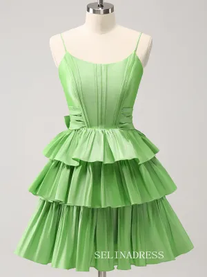 Sage Green Spaghetti Straps Homecoming Dresses Tiered Hoco Dress Cocktail Dress #TKL2352