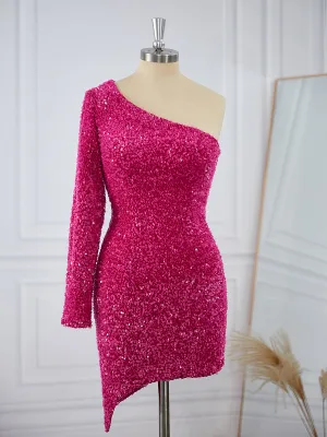 Sheath Long Sleeves Velvet Sequins One-Shoulder Short/Mini Dress