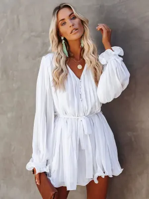 Solid Lace-up V-neck Button Ruffle Long Sleeves Mini Dress