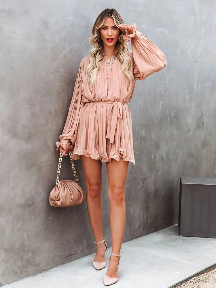 Solid Lace-up V-neck Button Ruffle Long Sleeves Mini Dress