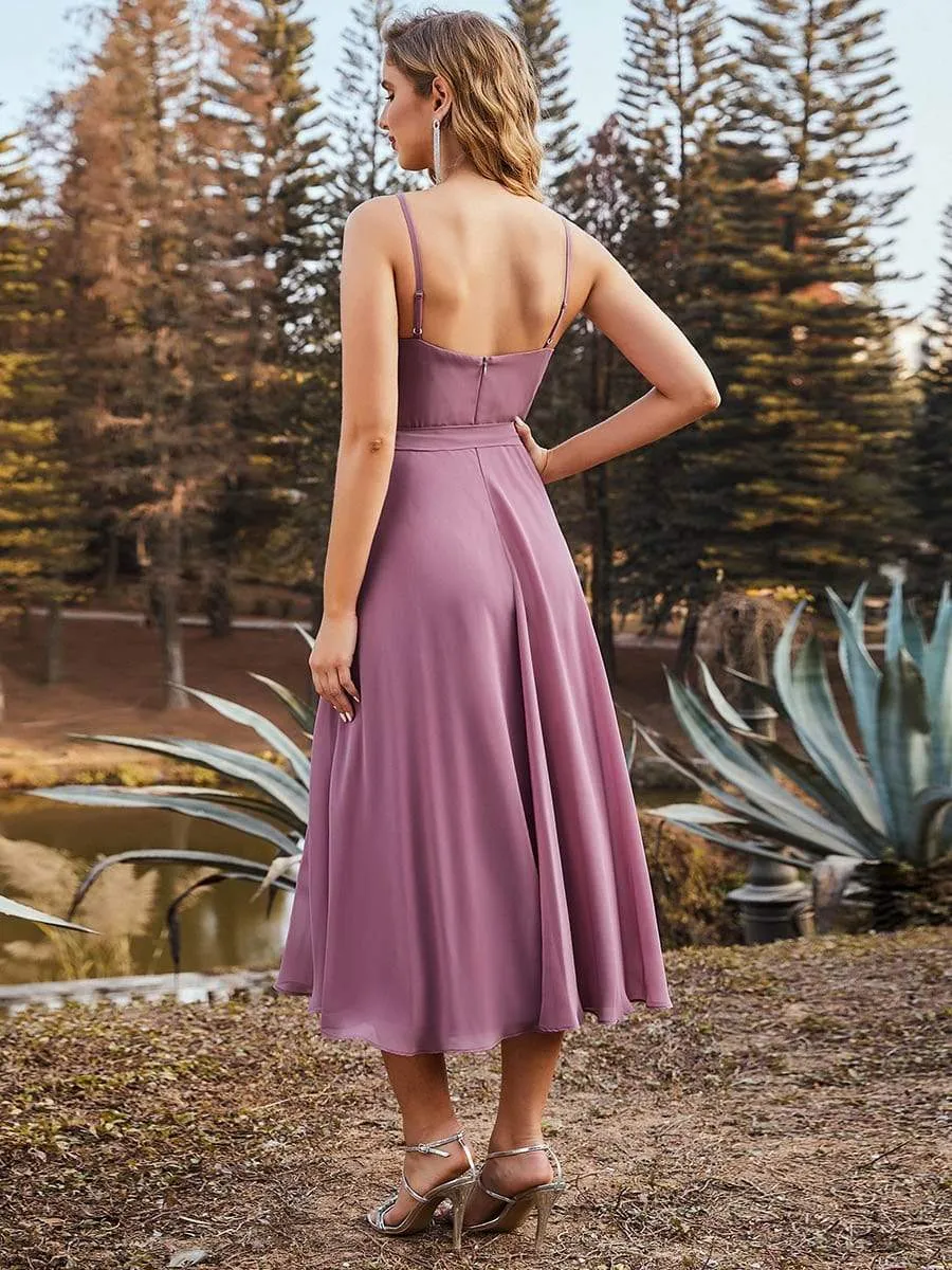 Spaghetti Strap V Neck Belted Chiffon Bridesmaid Dress