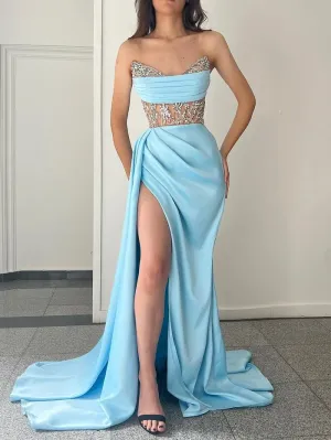 Strapless Mermaid Blue Prom Dress Sleeveless Satin Cheap Evening Gowns #POL026