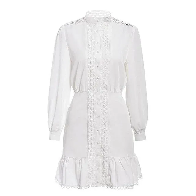 Streetwear White Long Sleeve Ruffle Hollow Out Mini Dress