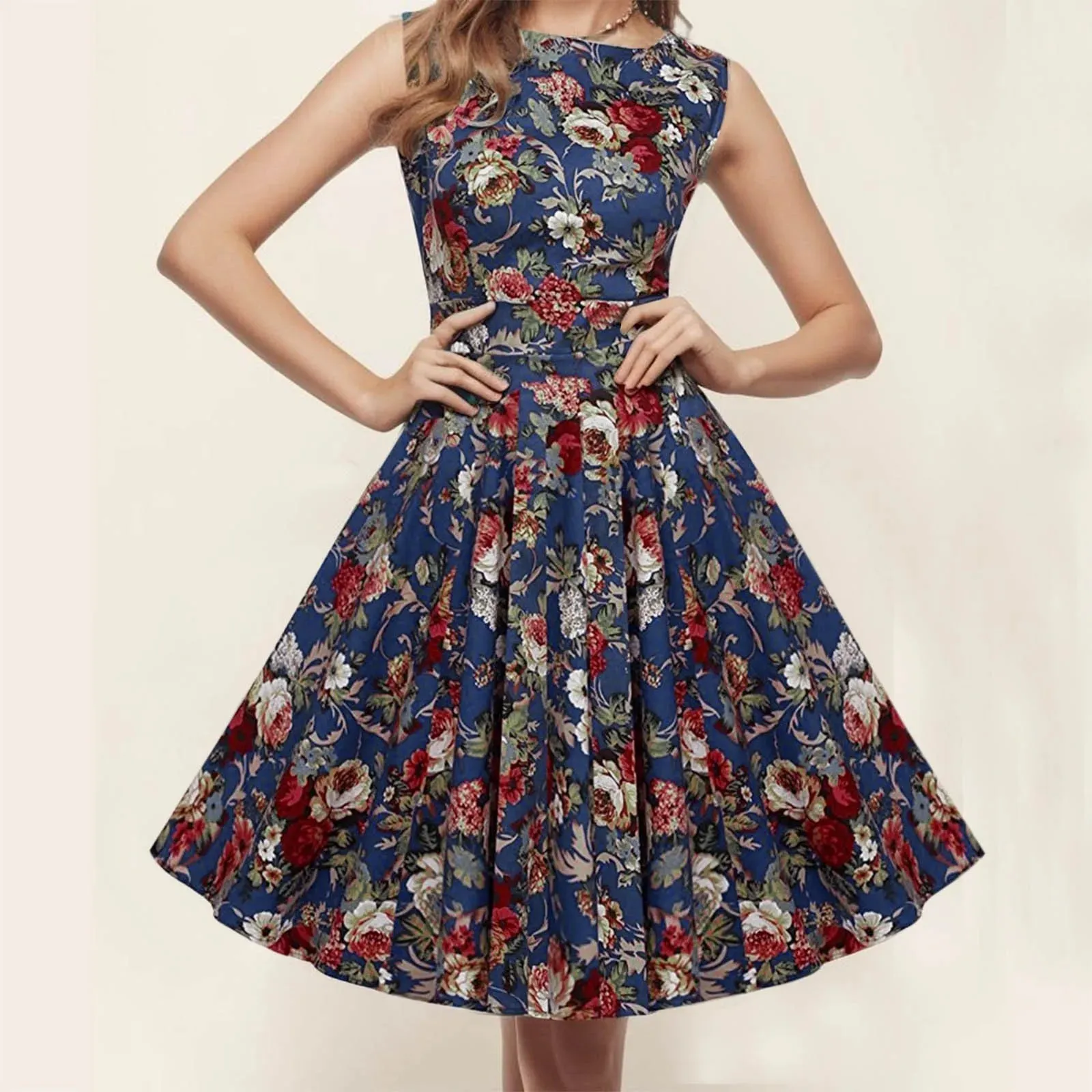 Summer 2024 Vintage Sleeveless High Waist Floral Printing Swing Sundress Party Casual Retro Dress