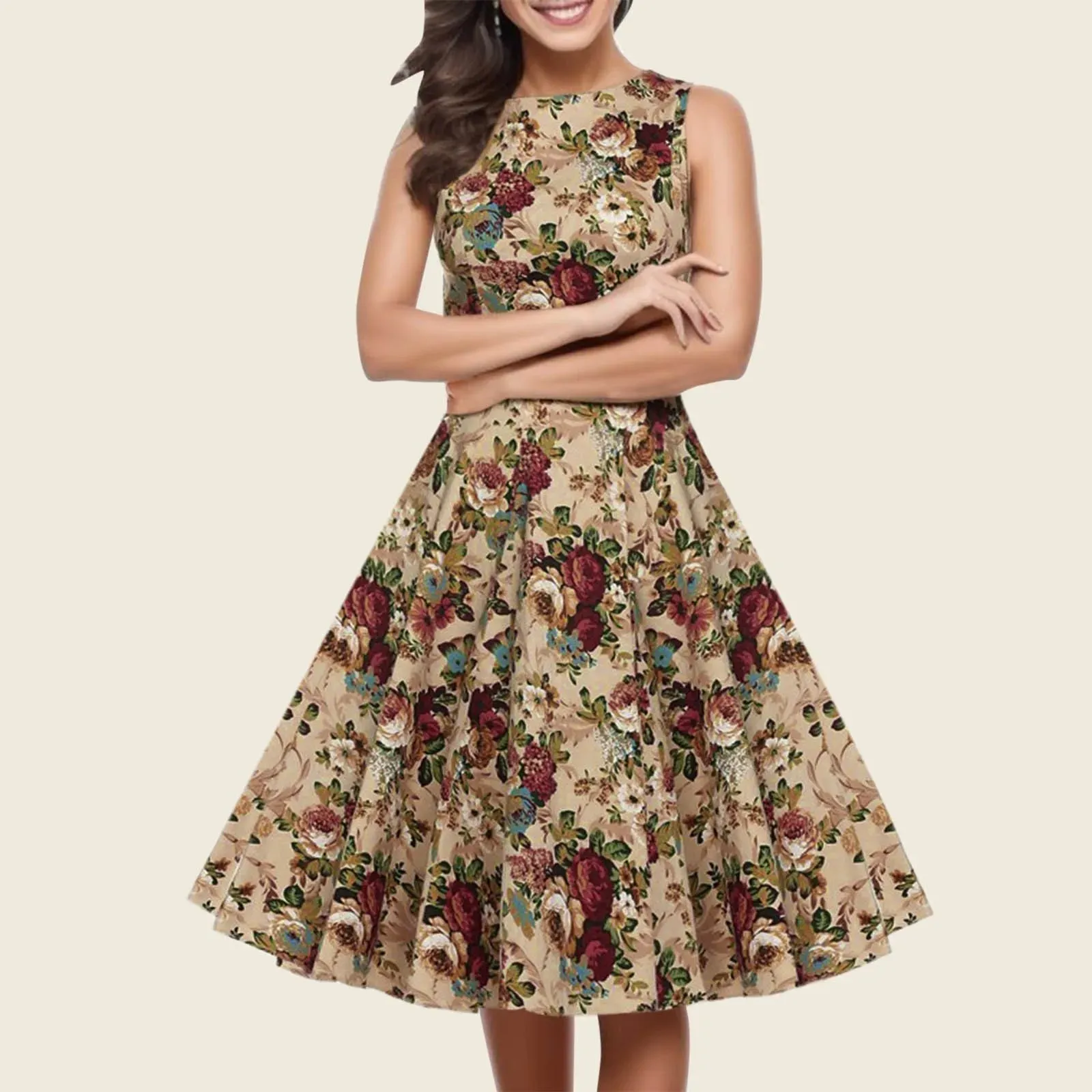 Summer 2024 Vintage Sleeveless High Waist Floral Printing Swing Sundress Party Casual Retro Dress