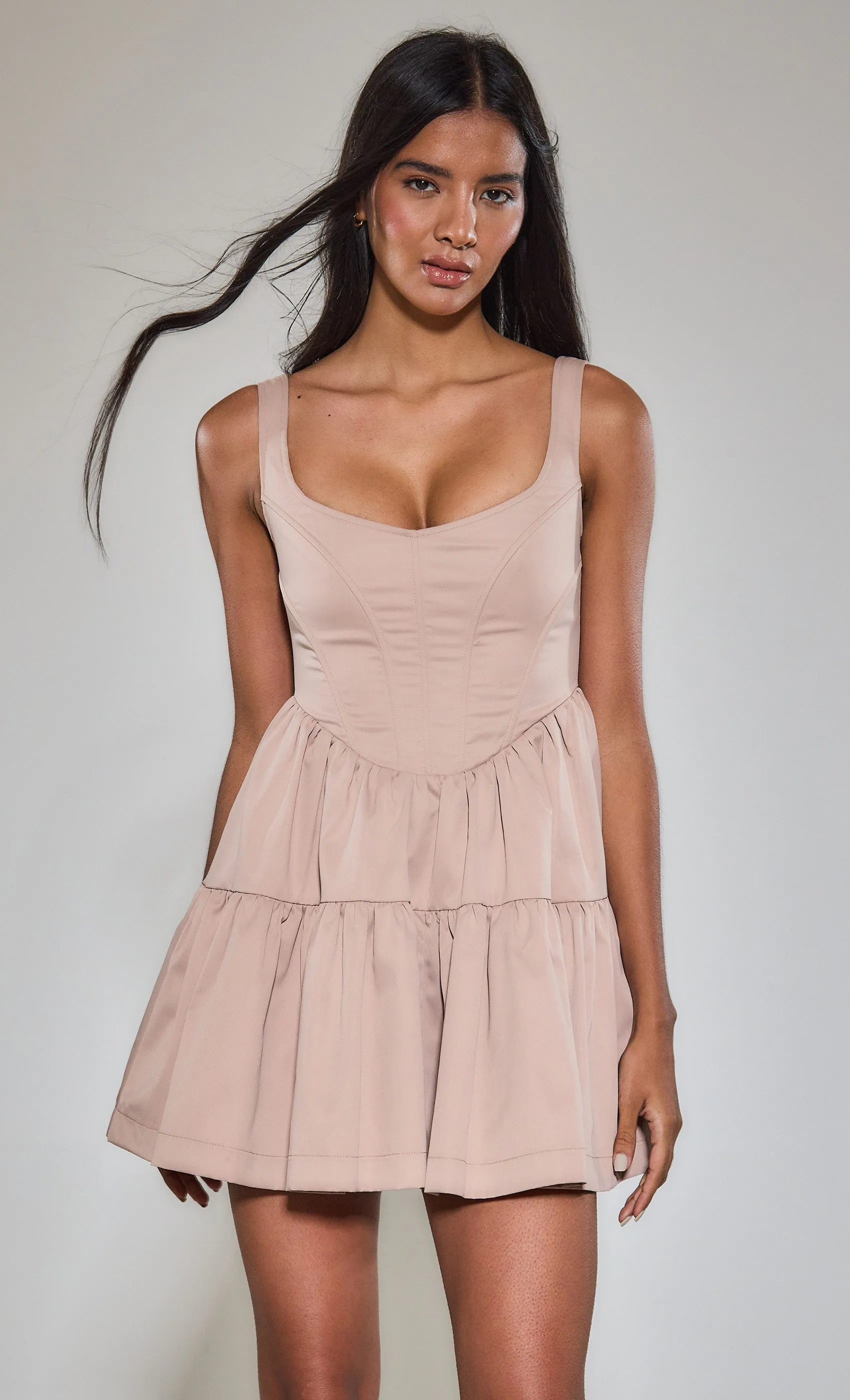 Taupe Corset Tiered Mini Dress