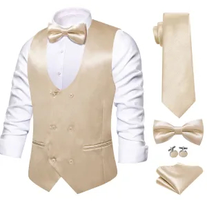 Ties2you Double Breasted Vest Beige Solid Mens Silk Vest Tie Bowtie Set 5PC