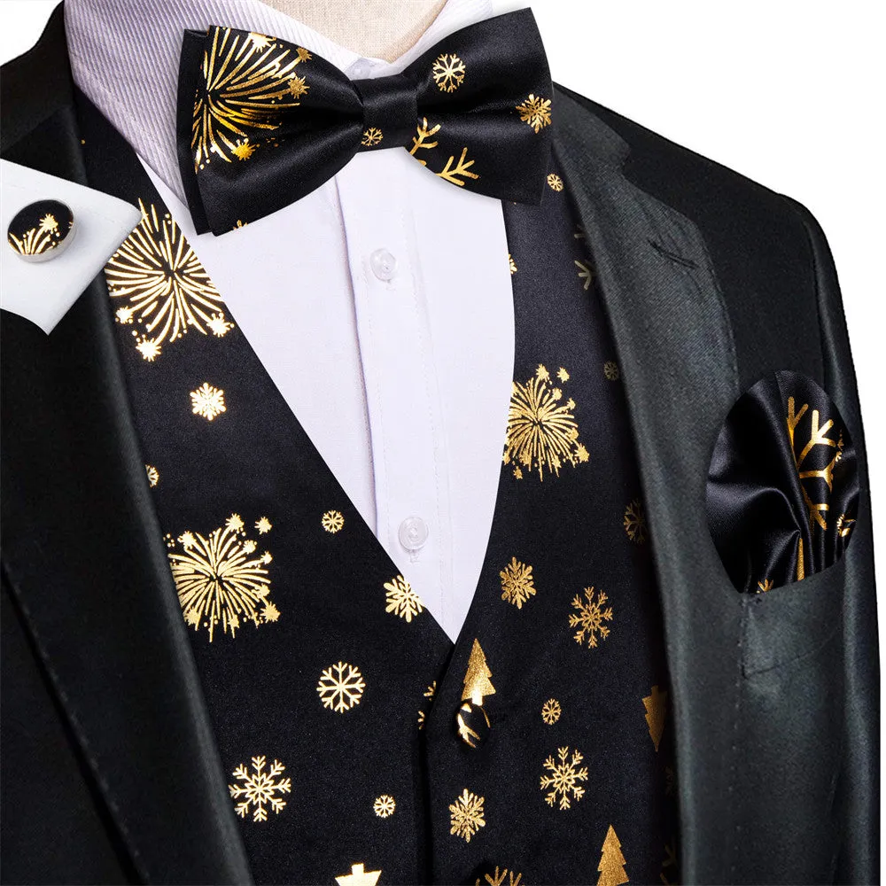 Ties2you Men's Vest Black Gold Christmas Elements Silk Vest Necktie Bow Tie Handkerchief Cufflinks Set