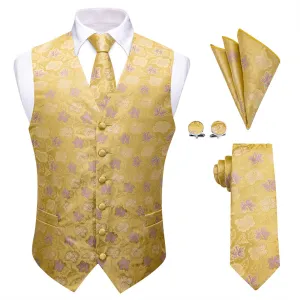 Ties2you Yellow Purple Floral Jacquard Silk Men's Vest Hanky Cufflinks Tie Set