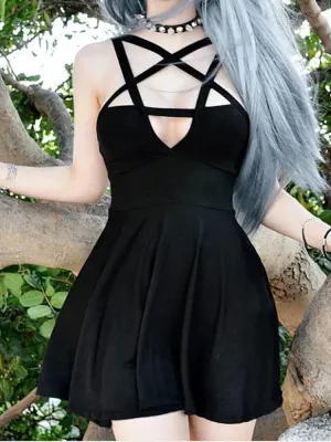 Trendy Black  Gothic Punk Pleated Dress