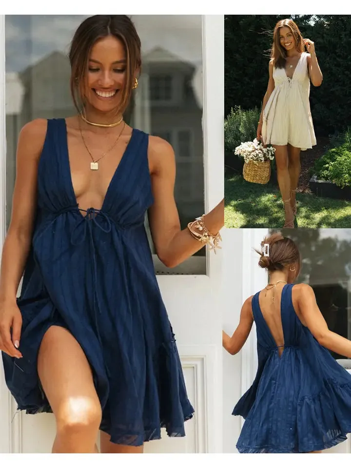 V Neck Sleeveless Daily Mini Dress - Navy