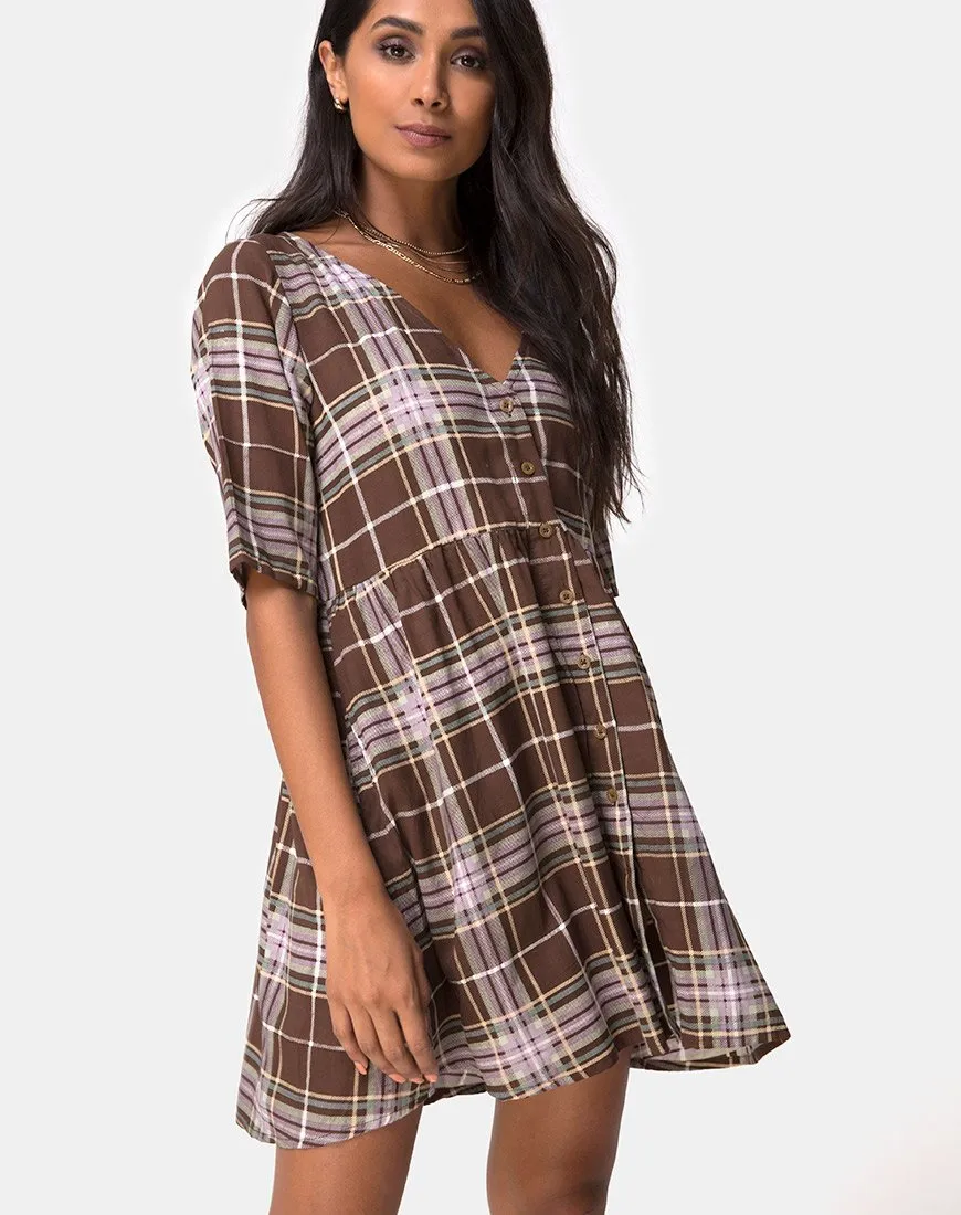 Verren Babydoll Dress in Tartan Brown