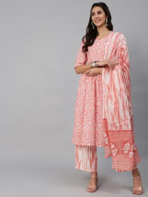 Women Pink Floral Printed Kurta Set With Palazo & Dupatta