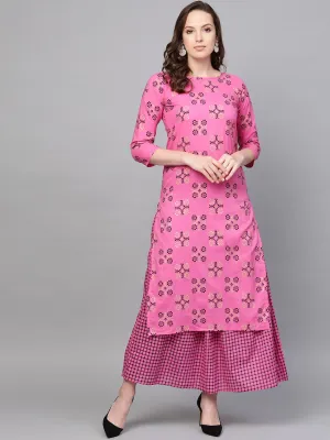 Women Pink Three-Quarter Sleeves Printed Straight Pure Cotton Kurta And Skirt Set