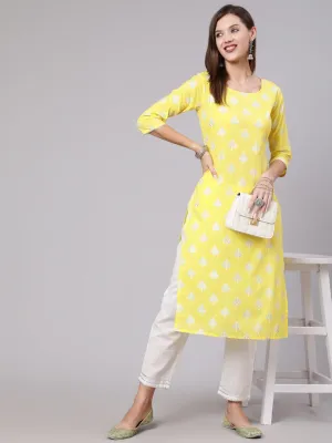 Women Yellow Printed Straight Kurta With Solid White Palazzo