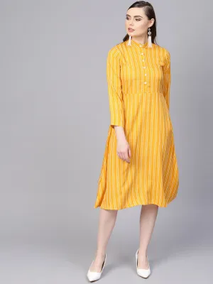 Yellow & White Striped Dress With Madarin Collar & Full Sleeves