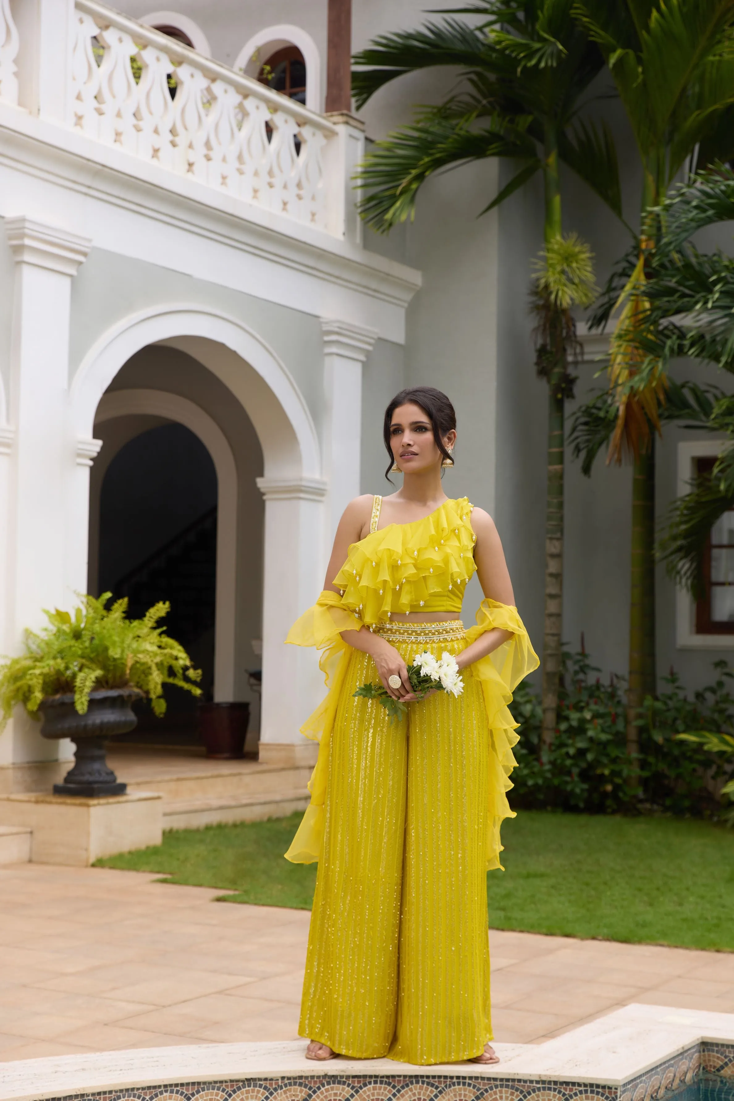 Yellow Embellished Georgette Silk Palazzo Set